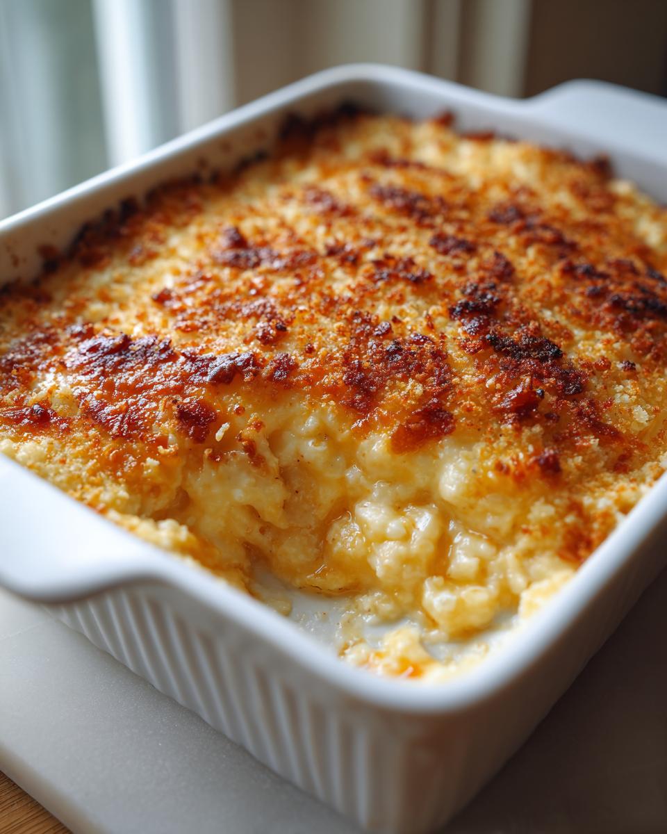 Close-up of hot, creamy Jalapeño popper dip baked in a white dish with a crispy, browned topping.
