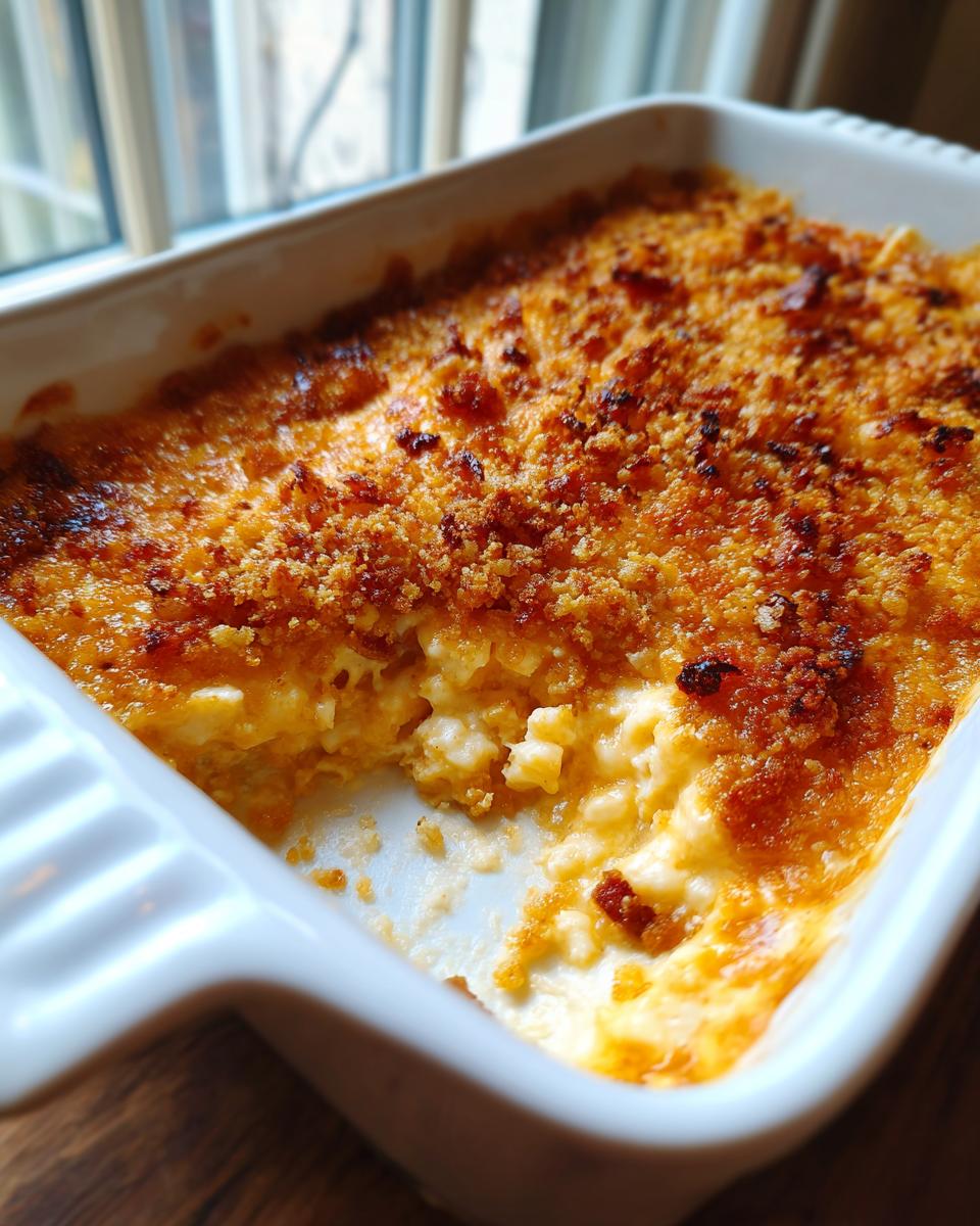 Close-up of hot, cheesy Jalapeño popper dip in a white baking dish with a golden, crunchy breadcrumb topping.