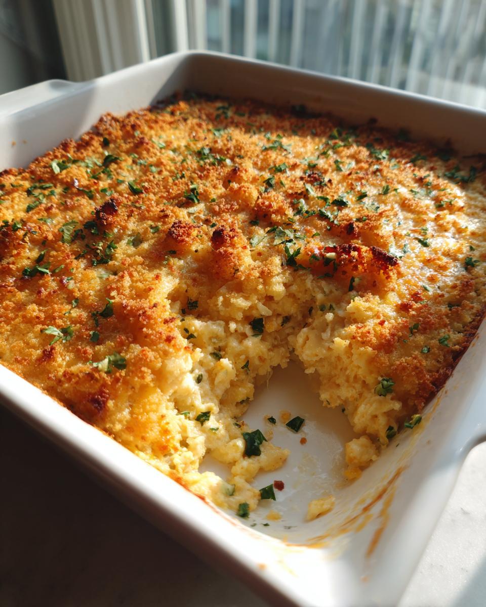 A square white baking dish filled with hot Jalapeño popper dip, showing a scoop removed and a golden, crispy breadcrumb topping.