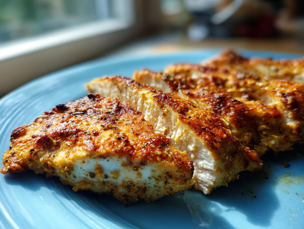 Close-up of sliced baked ranch chicken breast with a seasoned, golden-brown crust, served on a bright blue plate.