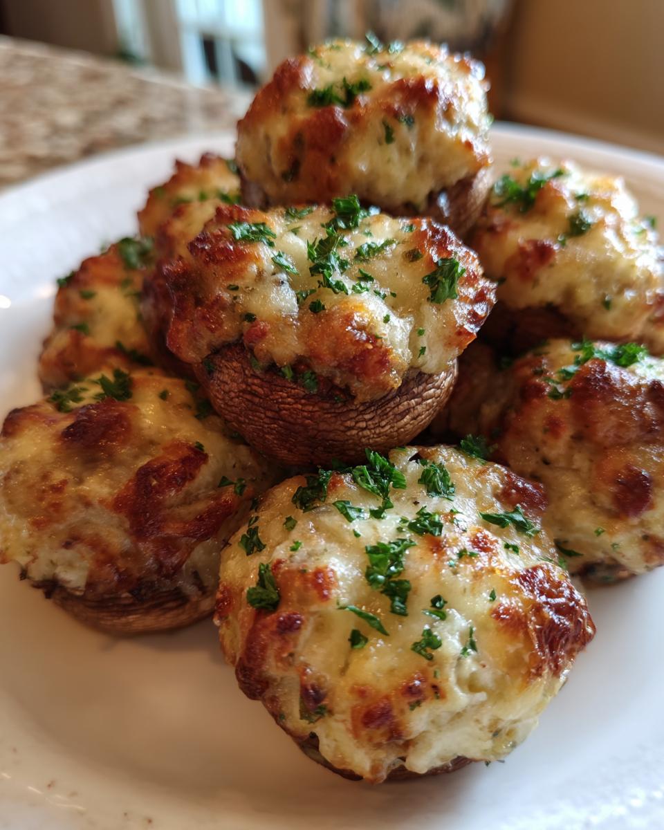 A plate piled high with baked stuffed mushrooms recipe, topped with melted, browned cheese and fresh parsley.