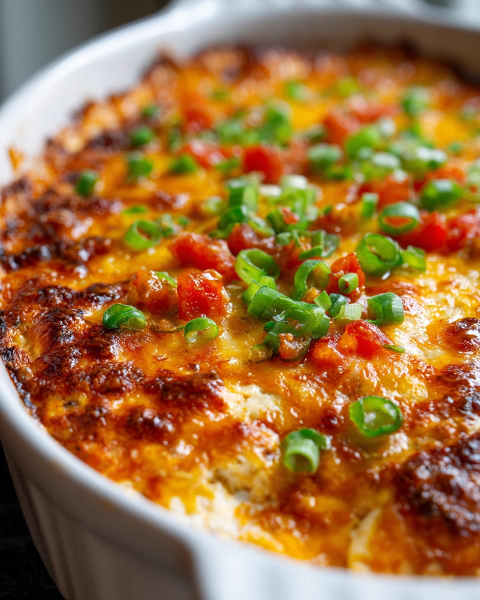 Close-up of a bubbling, baked texas trash dip topped with melted orange cheese, diced tomatoes, and fresh green onions.