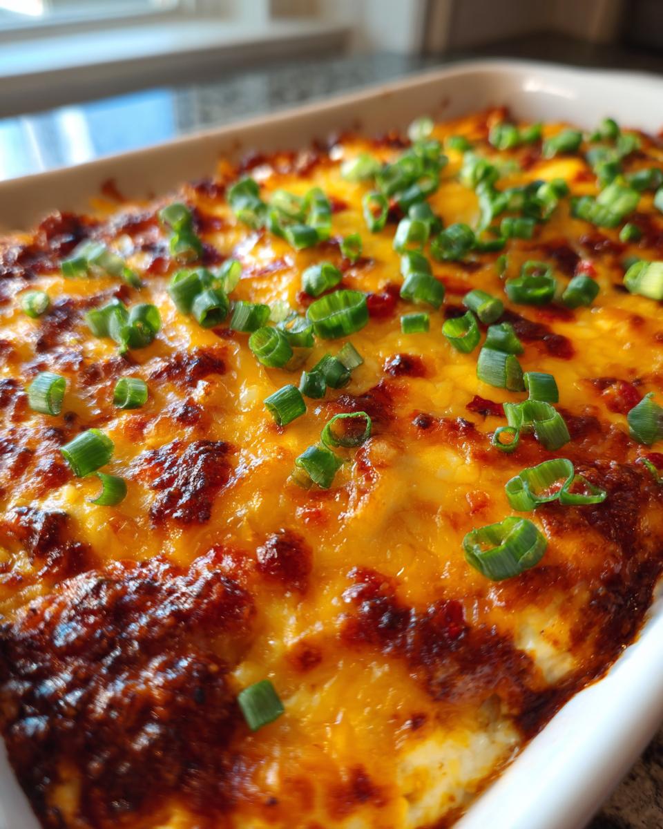 Close-up of a baked texas trash dip with a bubbly, browned cheese topping garnished with fresh green onions.