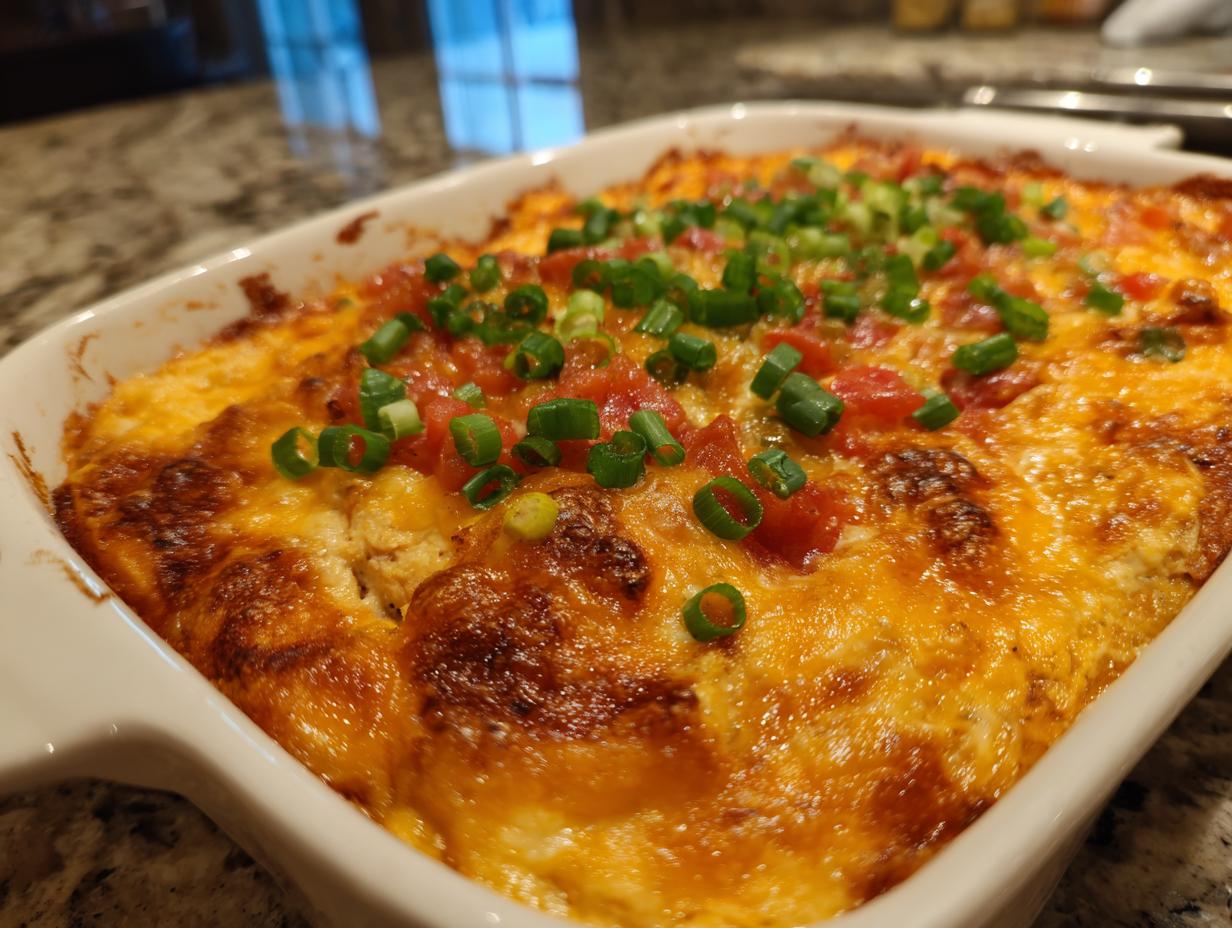 Close-up of a baked texas trash dip with melted orange cheese and green onions.