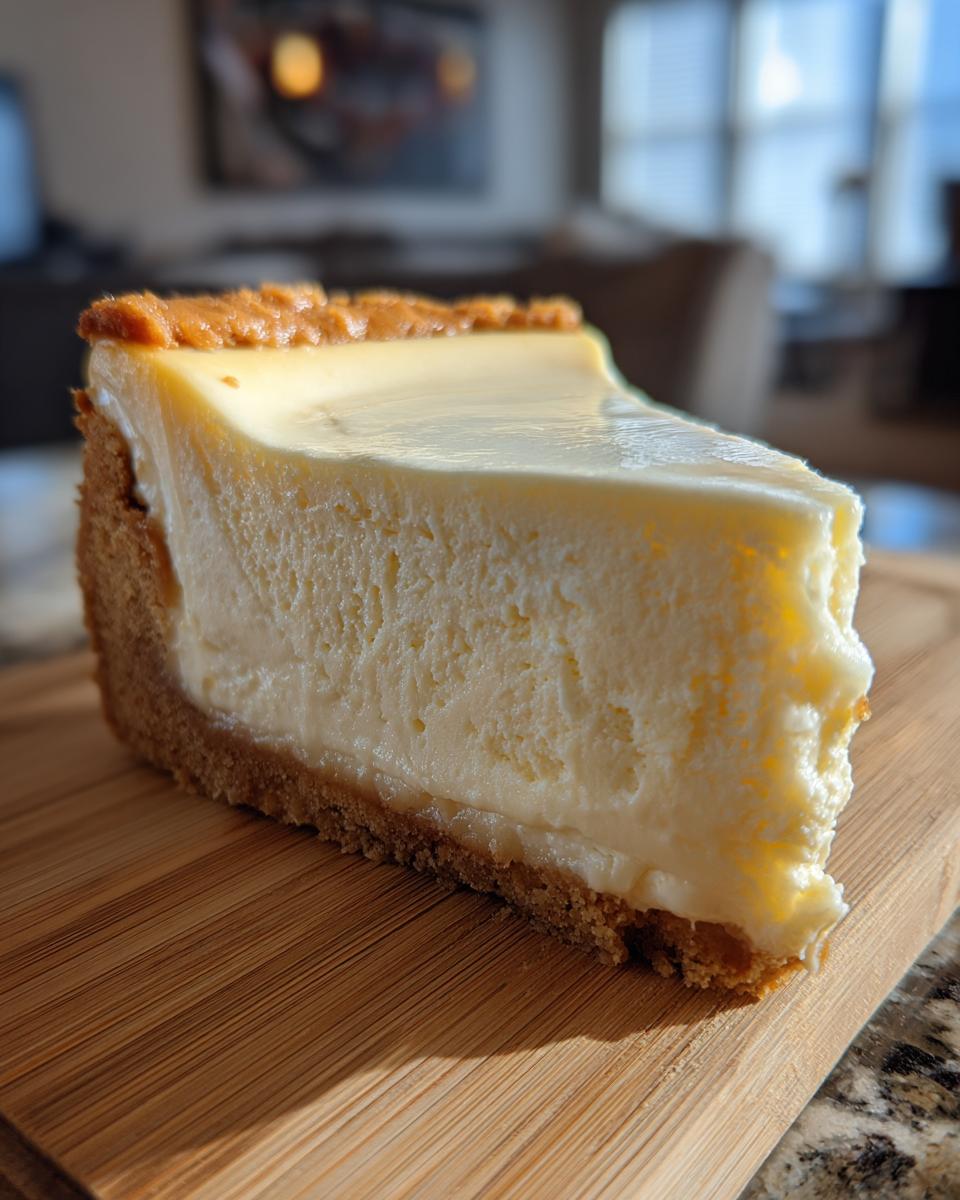 A thick, creamy slice of banana cream cheesecake with a graham cracker crust, sitting on a wooden board.