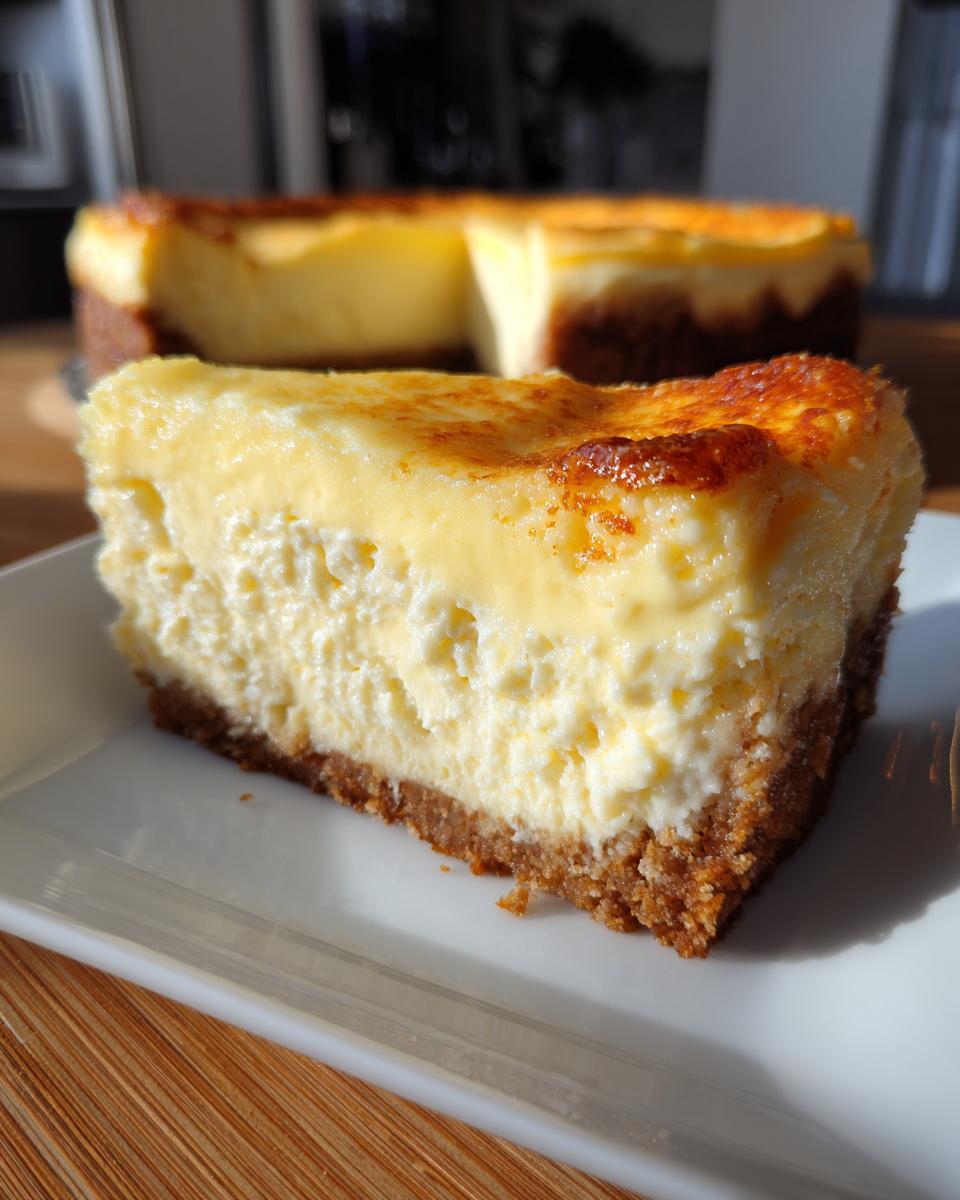 Close-up of a thick slice of banana cream cheesecake with a graham cracker crust and caramelized top.