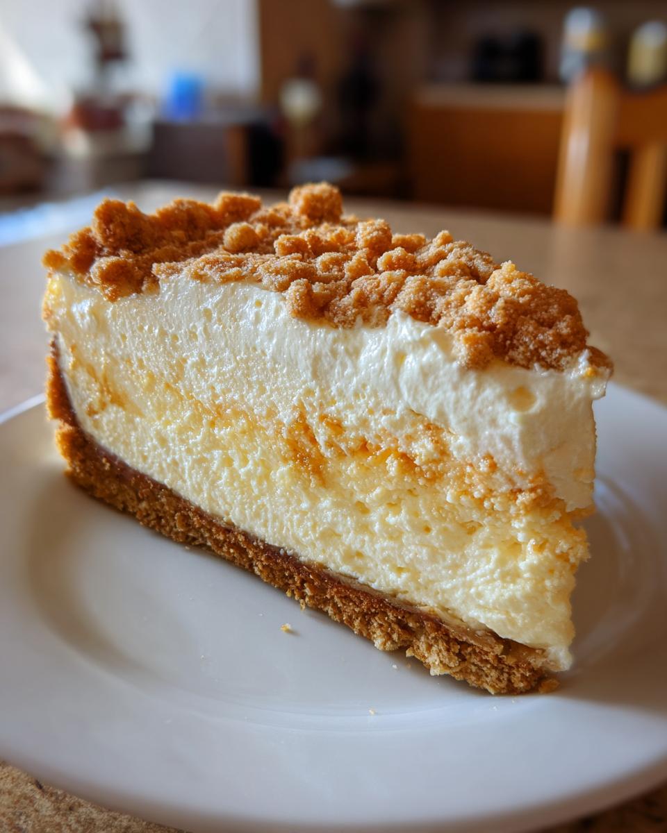 A close-up slice of banana cream cheesecake with a thick graham cracker crust and crumb topping.