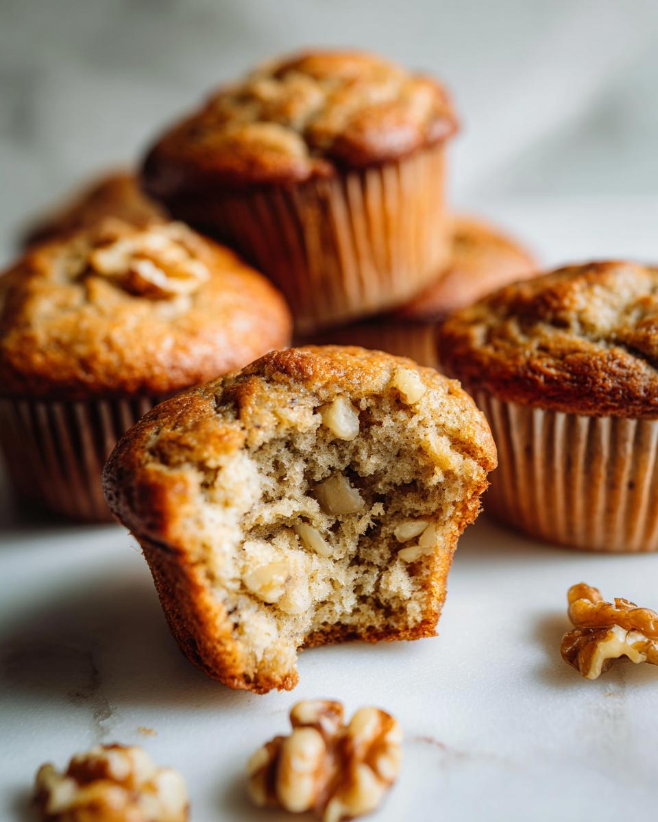 A close-up of delicious banana nut muffins, one with a bite taken out showing the moist interior and walnuts.