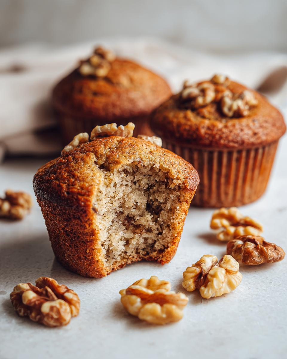 Close-up of a moist banana nut muffin with a bite taken out, showing the texture, surrounded by walnuts.