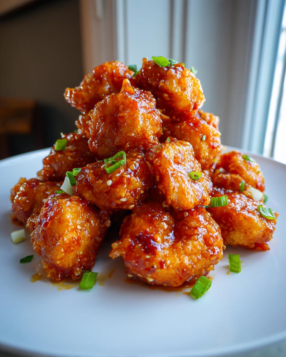 A tall stack of crispy, glazed Bang Bang Shrimp garnished with chopped green onions on a white plate.