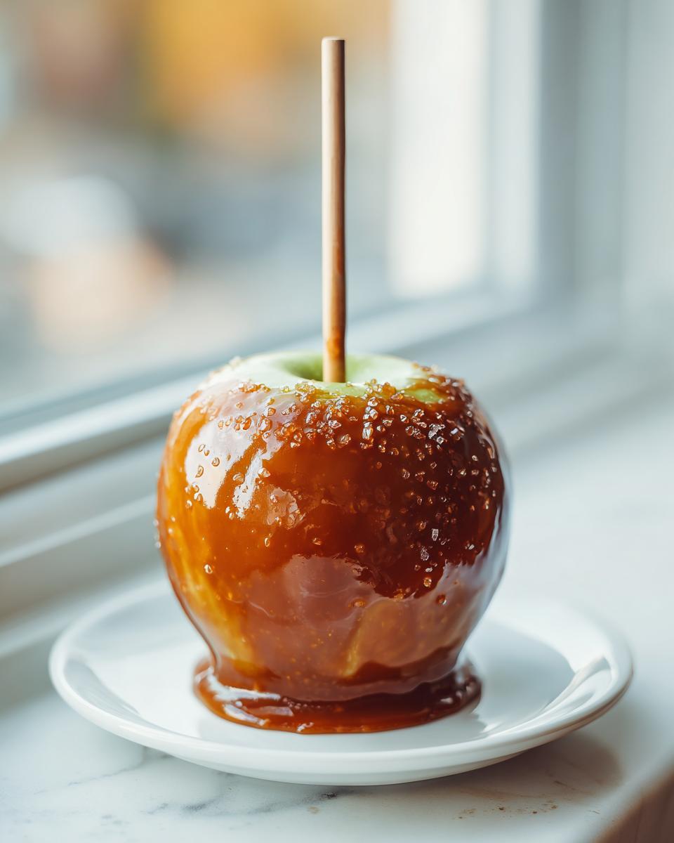 A beautiful, glossy caramel apple sprinkled with coarse sugar sits on a white plate near a window.