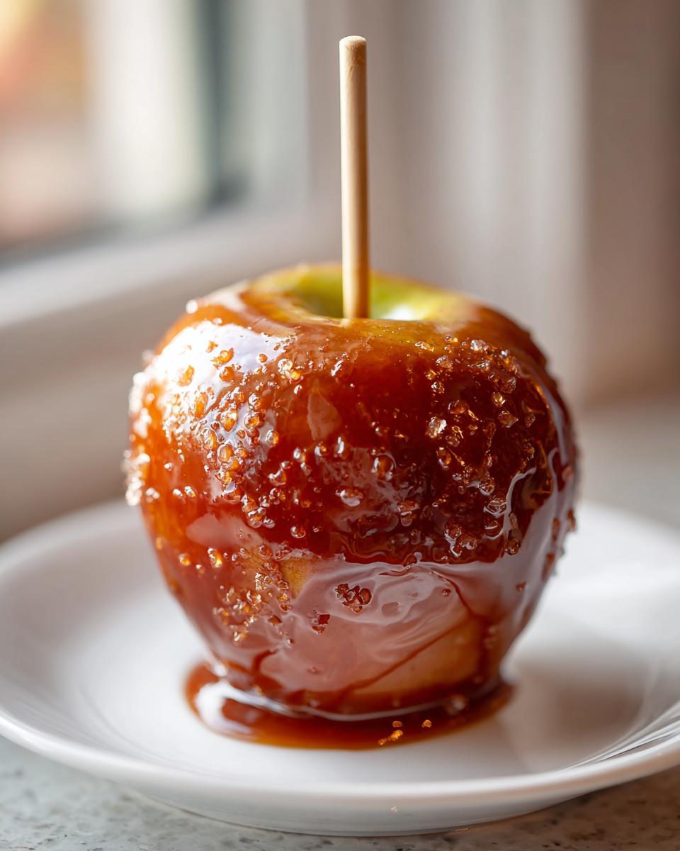 Close-up of a glossy caramel apples coated in rich caramel and sprinkled with coarse sugar crystals.