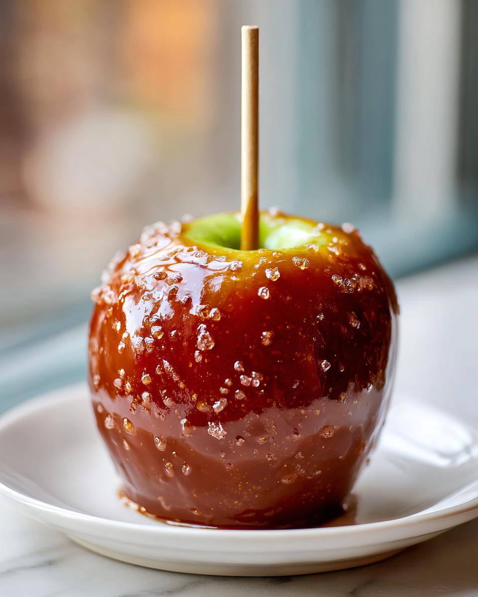 A glossy, deep brown caramel apple sprinkled with coarse sugar crystals, served on a white plate.