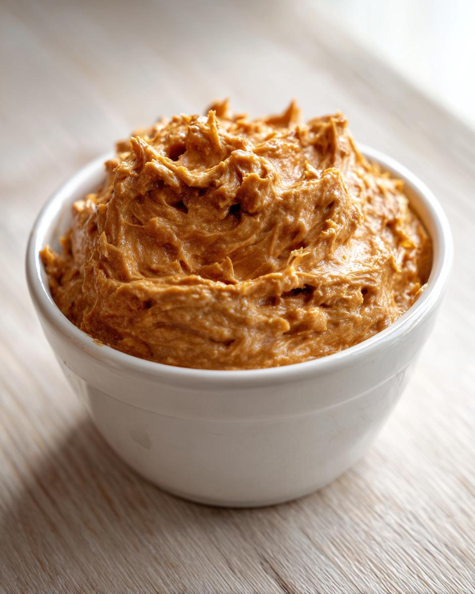 Close-up of thick, creamy, caramelized onion dip swirled high in a small white bowl.