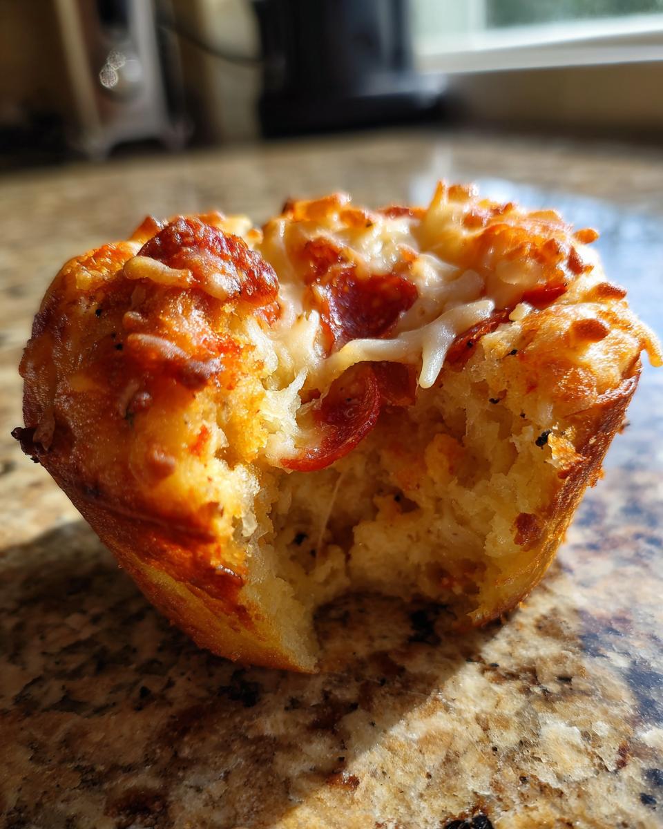 Close-up of a delicious pizza muffin with a bite taken out, showing melted cheese and pepperoni topping.