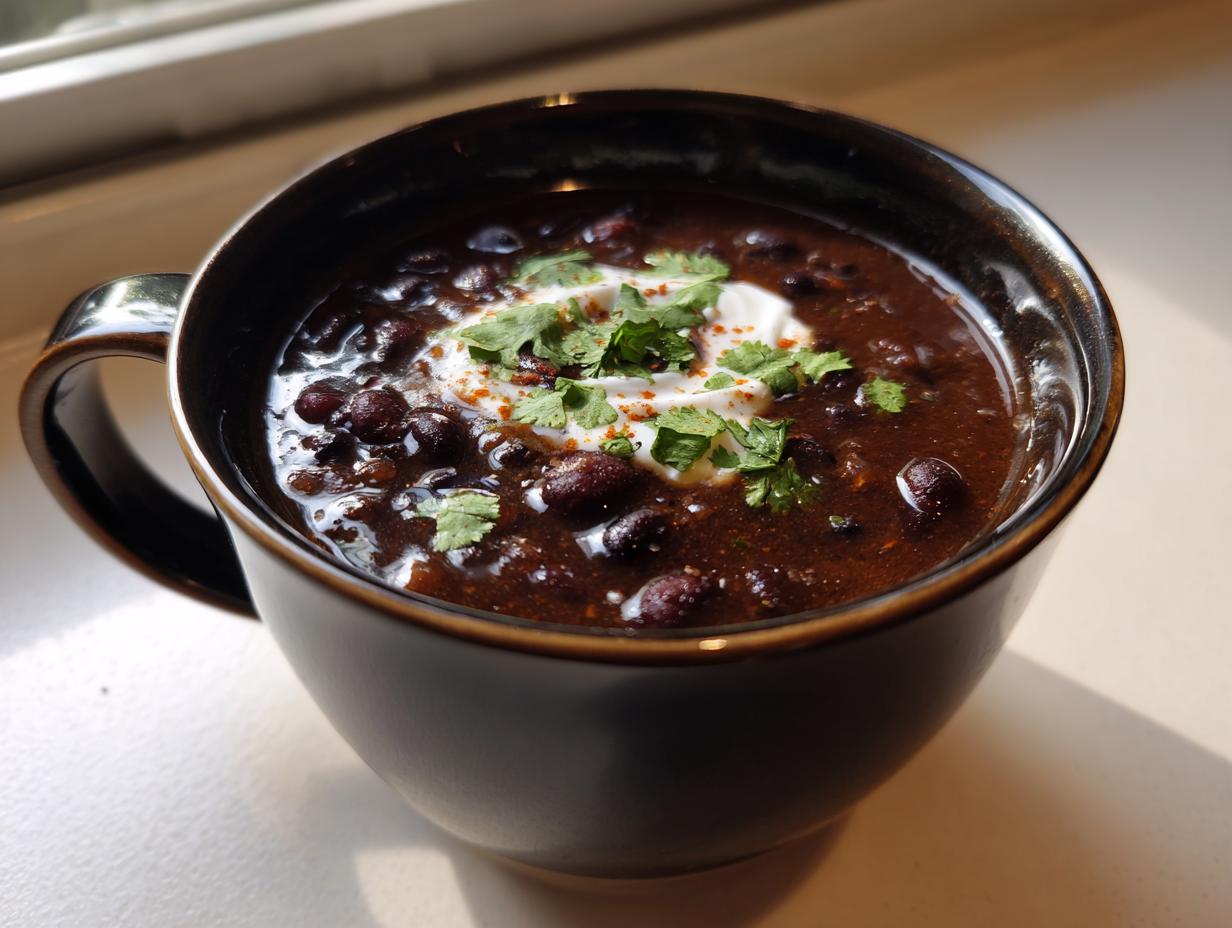 A close-up of a dark mug filled with rich black bean soup, topped with sour cream, cilantro, and paprika.
