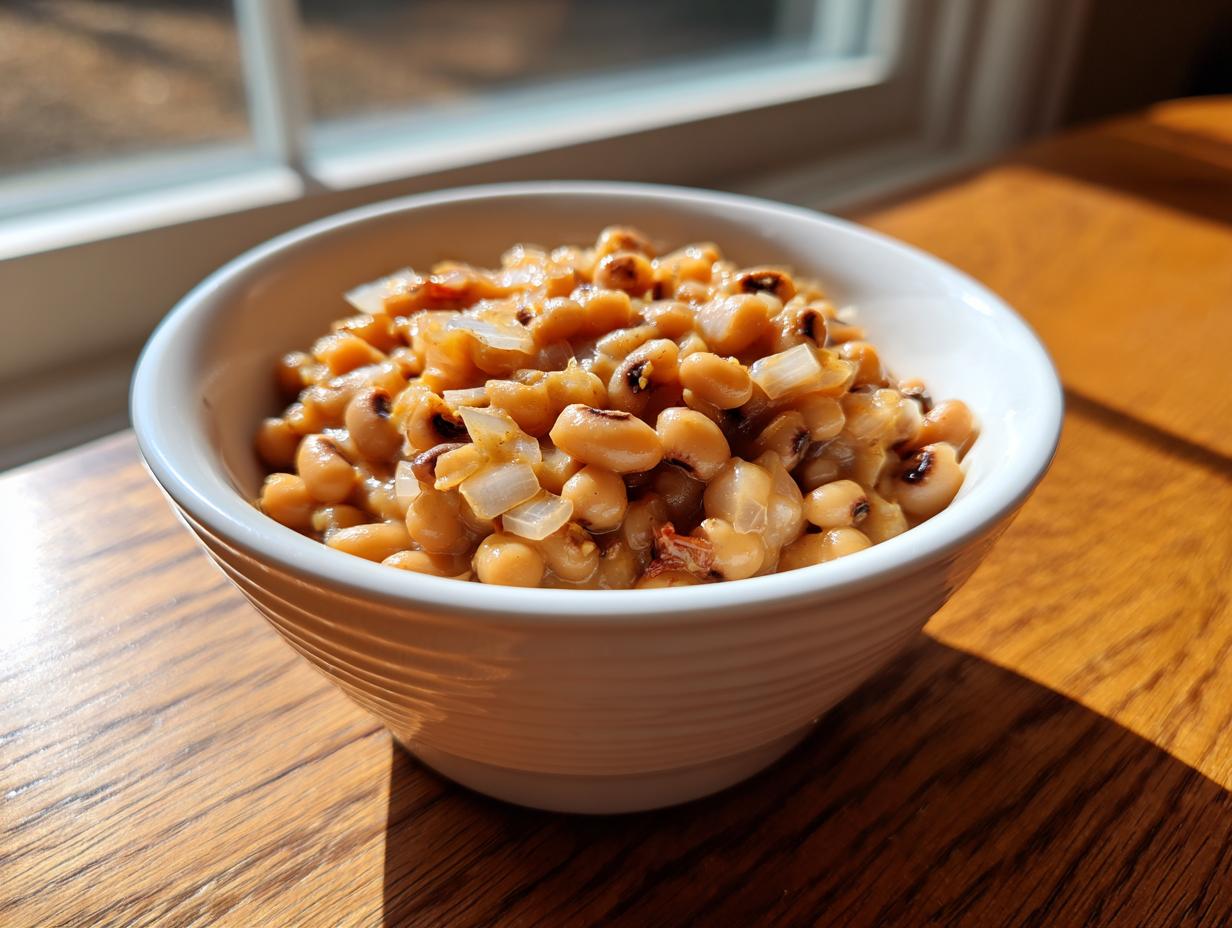 A white bowl filled with cooked black eyed peas recipe, garnished with diced onions, sitting on a sunlit wooden table.
