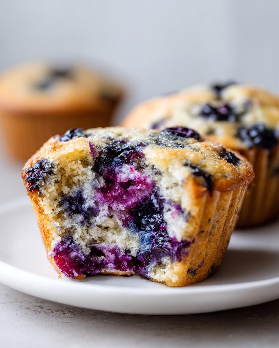 Close-up of a blueberry protein muffins with a bite taken out, showing moist crumb and vibrant purple blueberries.