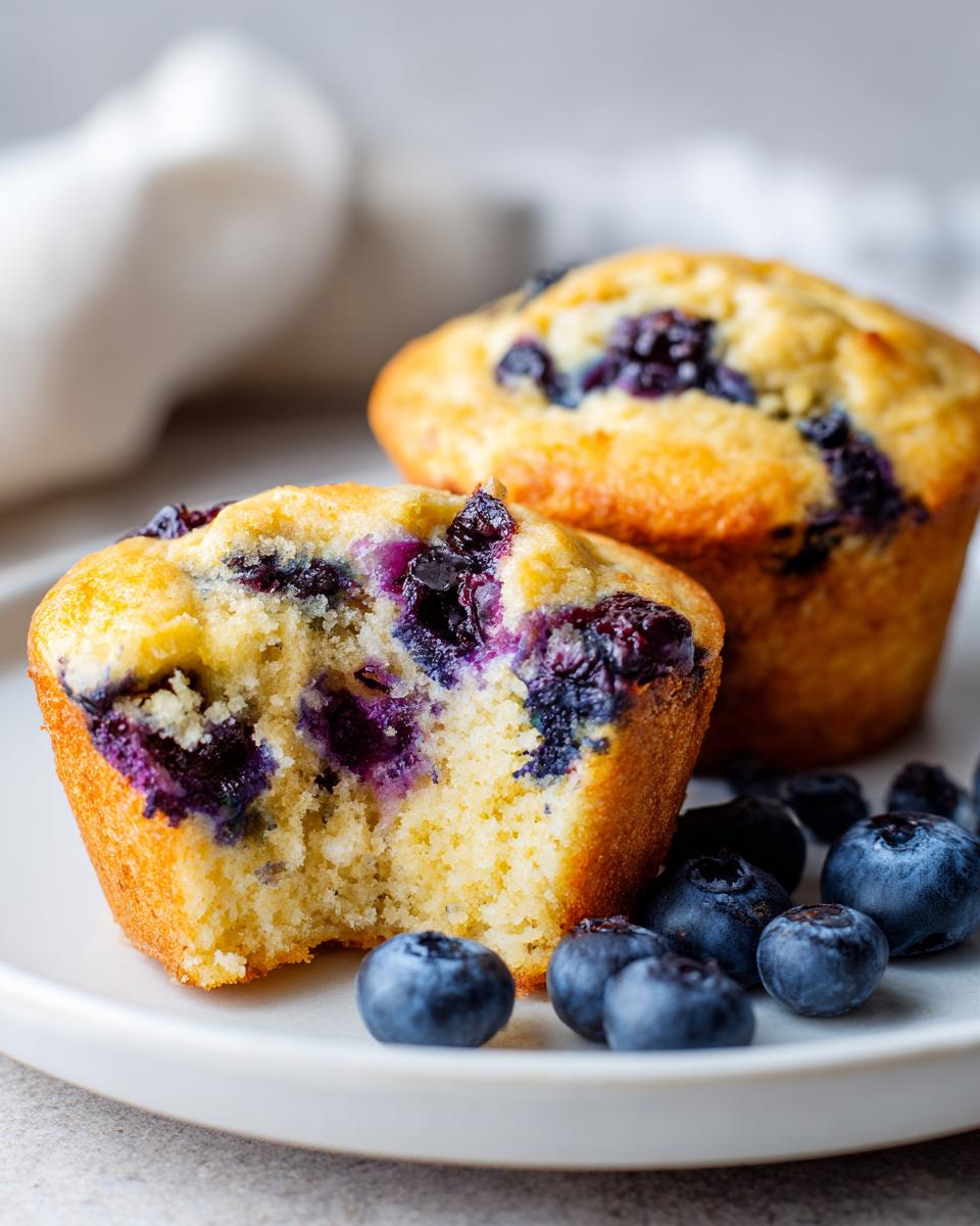 Close-up of a blueberry protein muffins, one broken open showing the moist interior and blueberries.