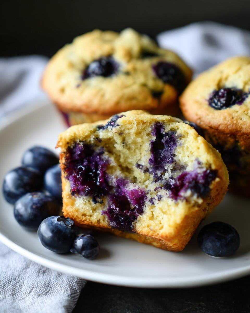 Close-up of a blueberry protein muffins cut in half showing moist interior and burst blueberries.