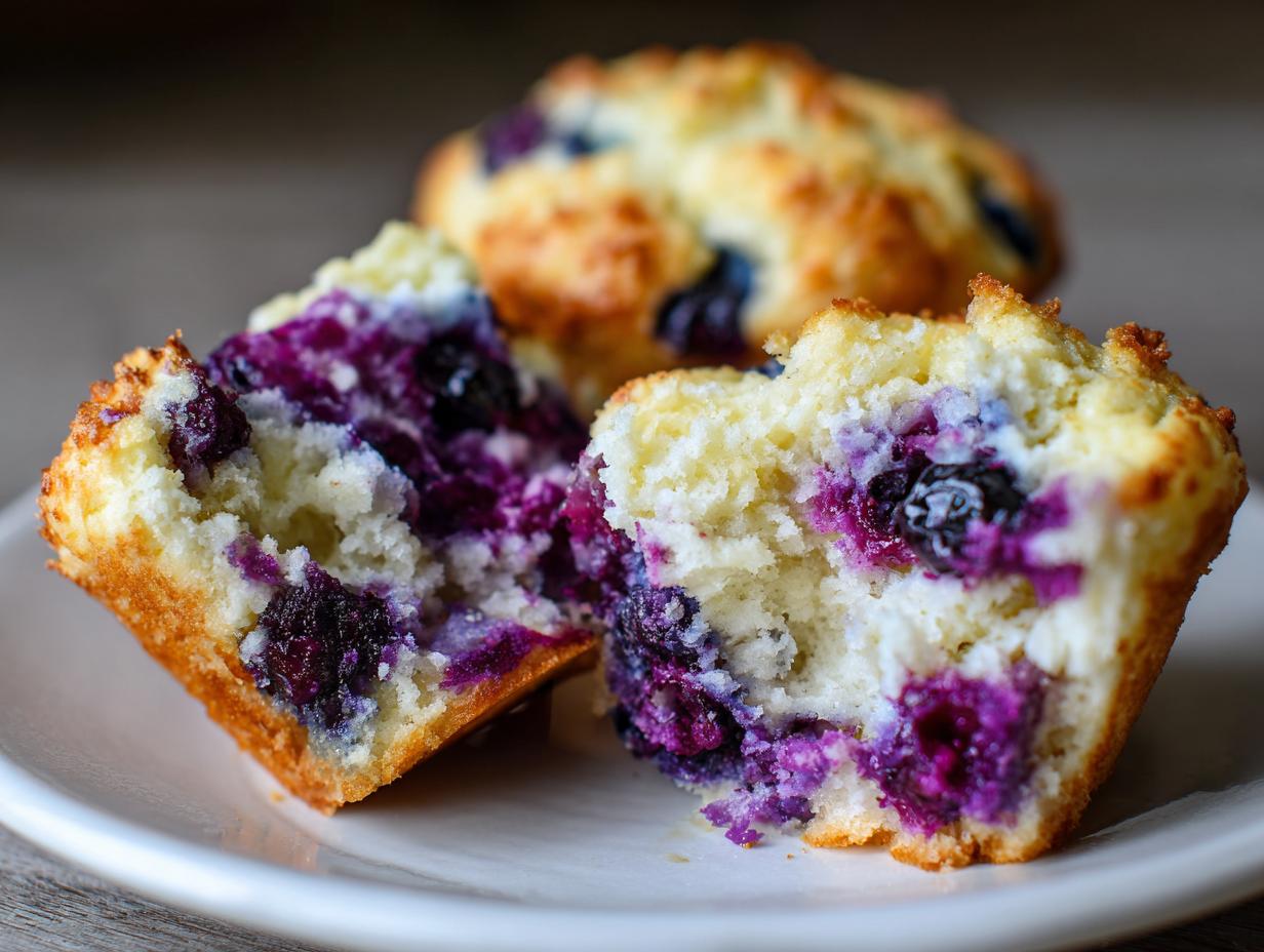 Close-up of a blueberry protein muffins cut in half showing the moist, bright purple interior filled with berries.
