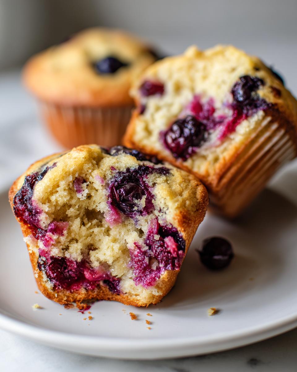 Close-up of a blueberry protein muffins cut in half showing moist crumb and burst berries.