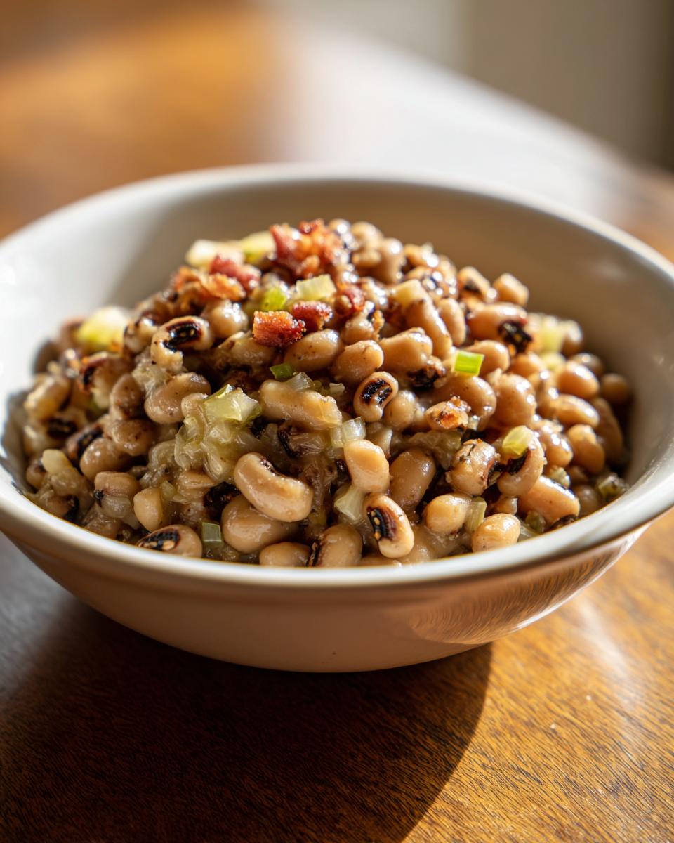 Close-up of a bowl filled with a savory black eyed peas recipe, topped with crumbled bacon and green onions.
