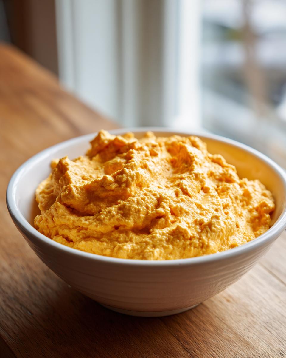 A white bowl filled with thick, bright orange cottage cheese queso dip, sitting on a wooden table.