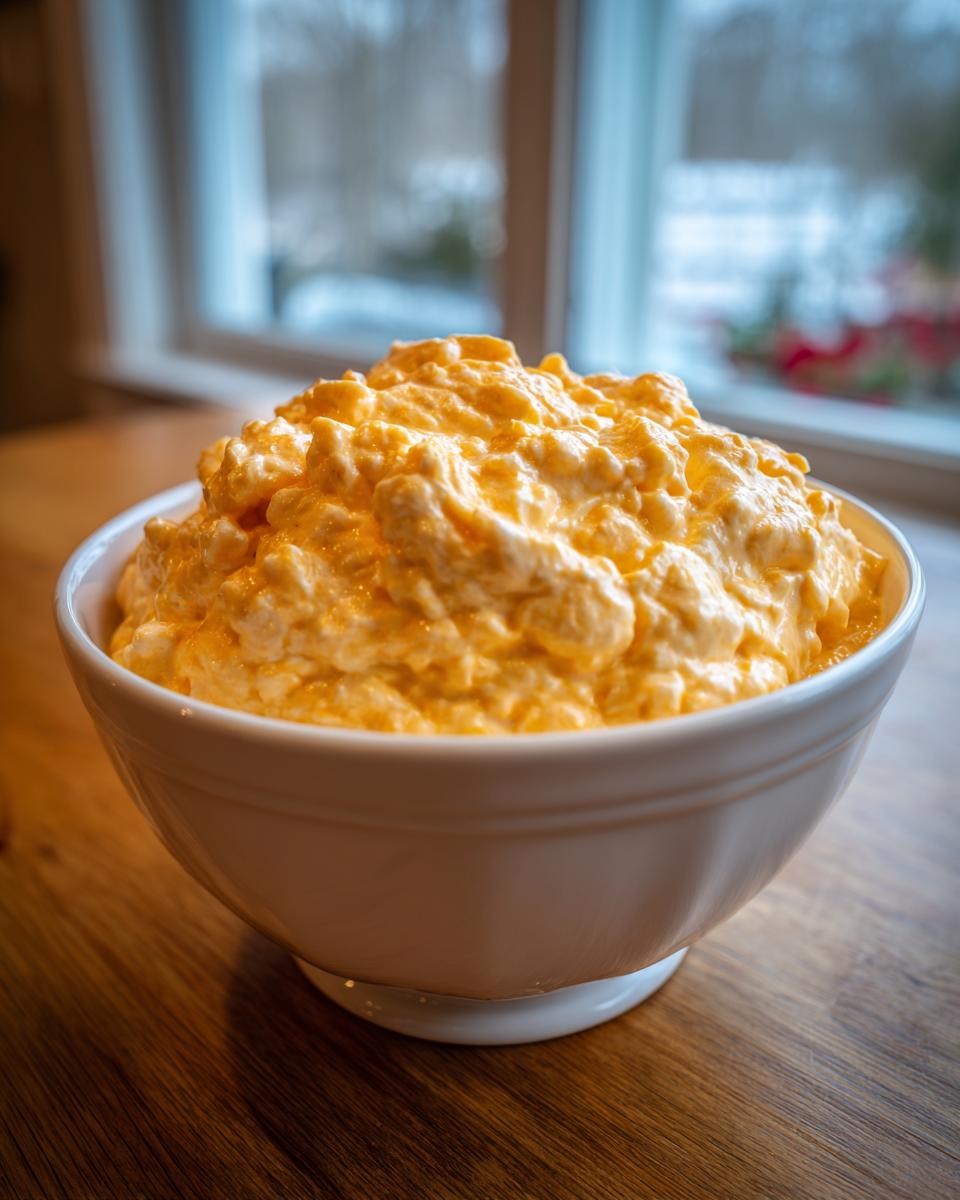 A white bowl filled high with bright orange, creamy cottage cheese queso dip, set on a wooden table.