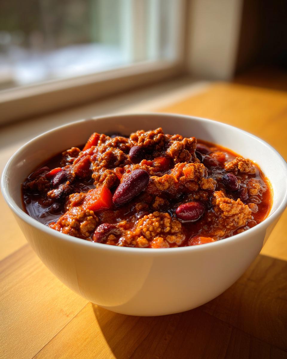 A close-up of a white bowl filled with rich, hearty high protein chili featuring ground meat and kidney beans, set near a window.