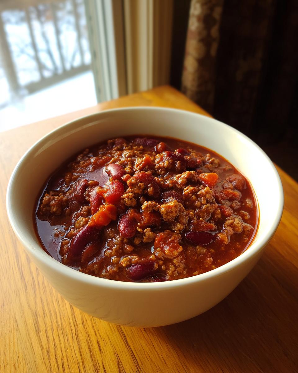 A close-up of a white bowl filled with rich, meaty high protein chili featuring kidney beans, set on a wooden table near a window.
