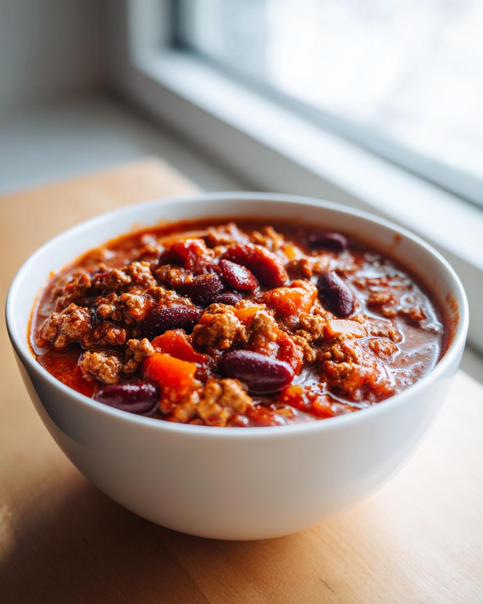 Close-up of a hearty bowl of high protein chili, featuring ground meat and kidney beans in a rich tomato sauce.