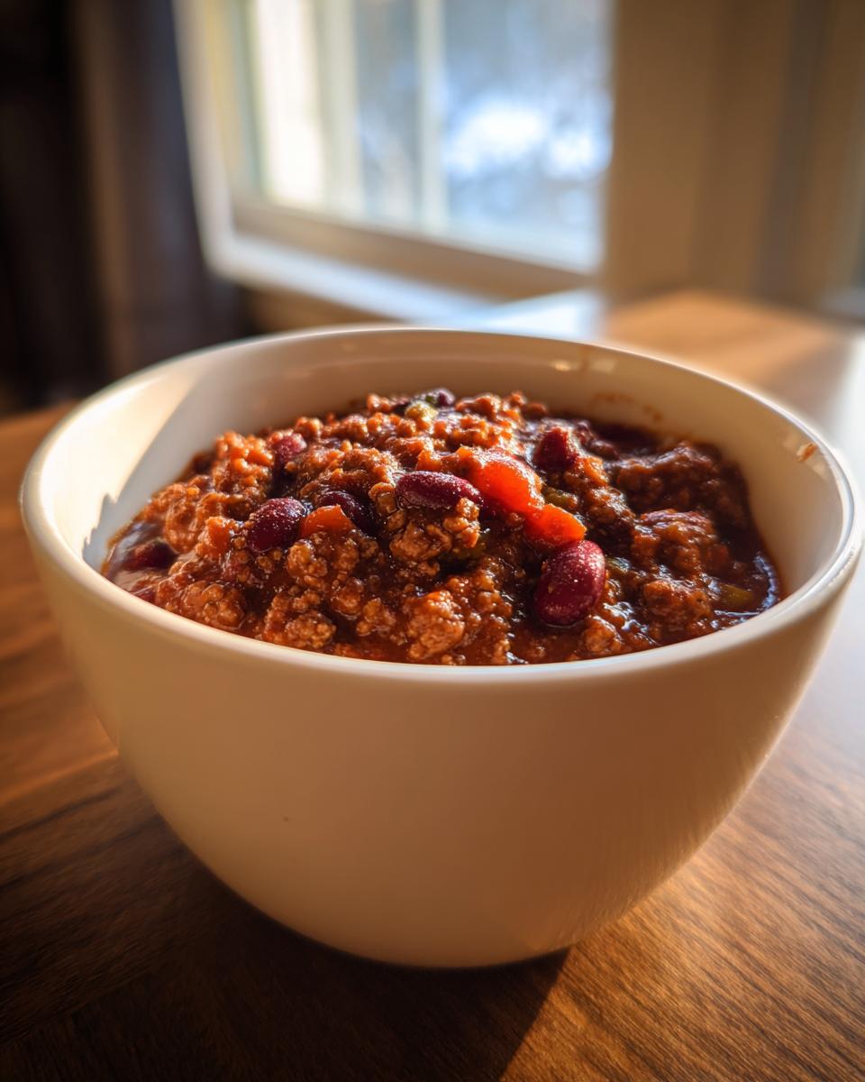 Close-up of a white bowl filled with rich, meaty high protein chili featuring visible kidney beans, set on a wooden table.