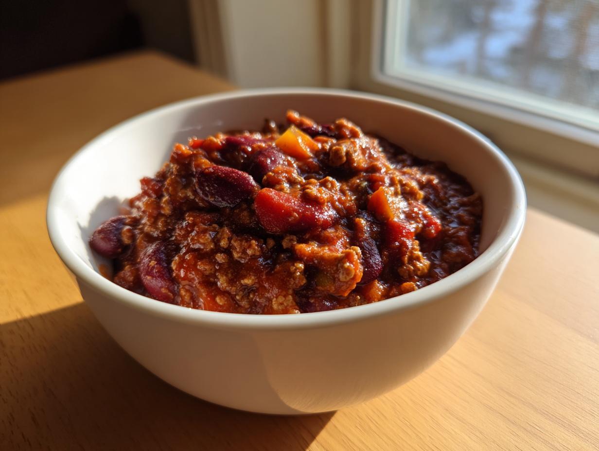 A white bowl filled with rich, hearty high protein chili featuring ground meat and kidney beans, set near a window.