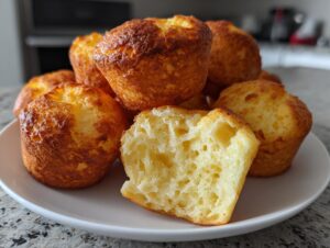 A pile of golden-brown Brazilian cheese bread bites, one cut open showing the airy, cheesy interior.