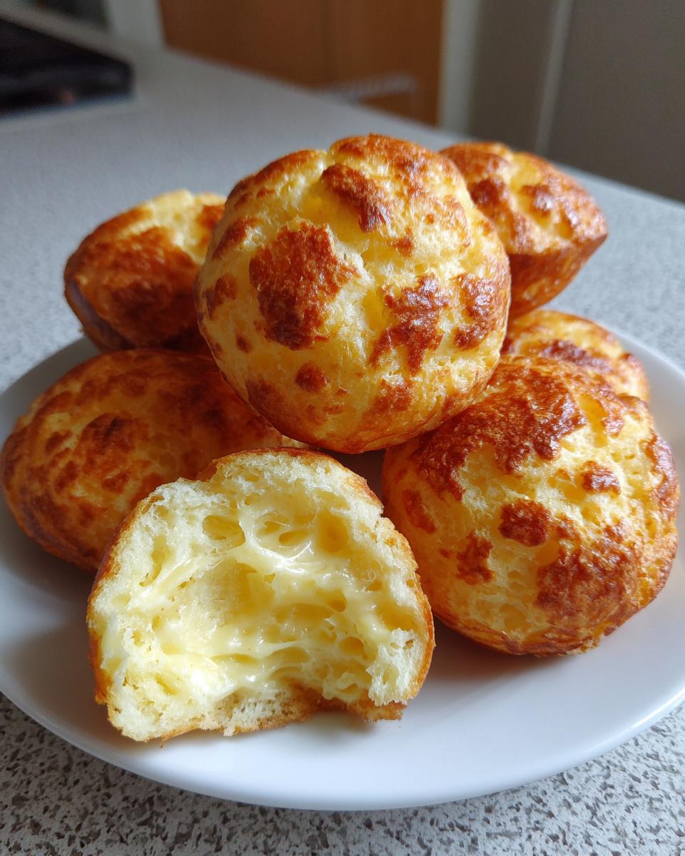 A pile of golden brown Brazilian cheese bread bites on a white plate, one is broken open showing the airy, cheesy interior.