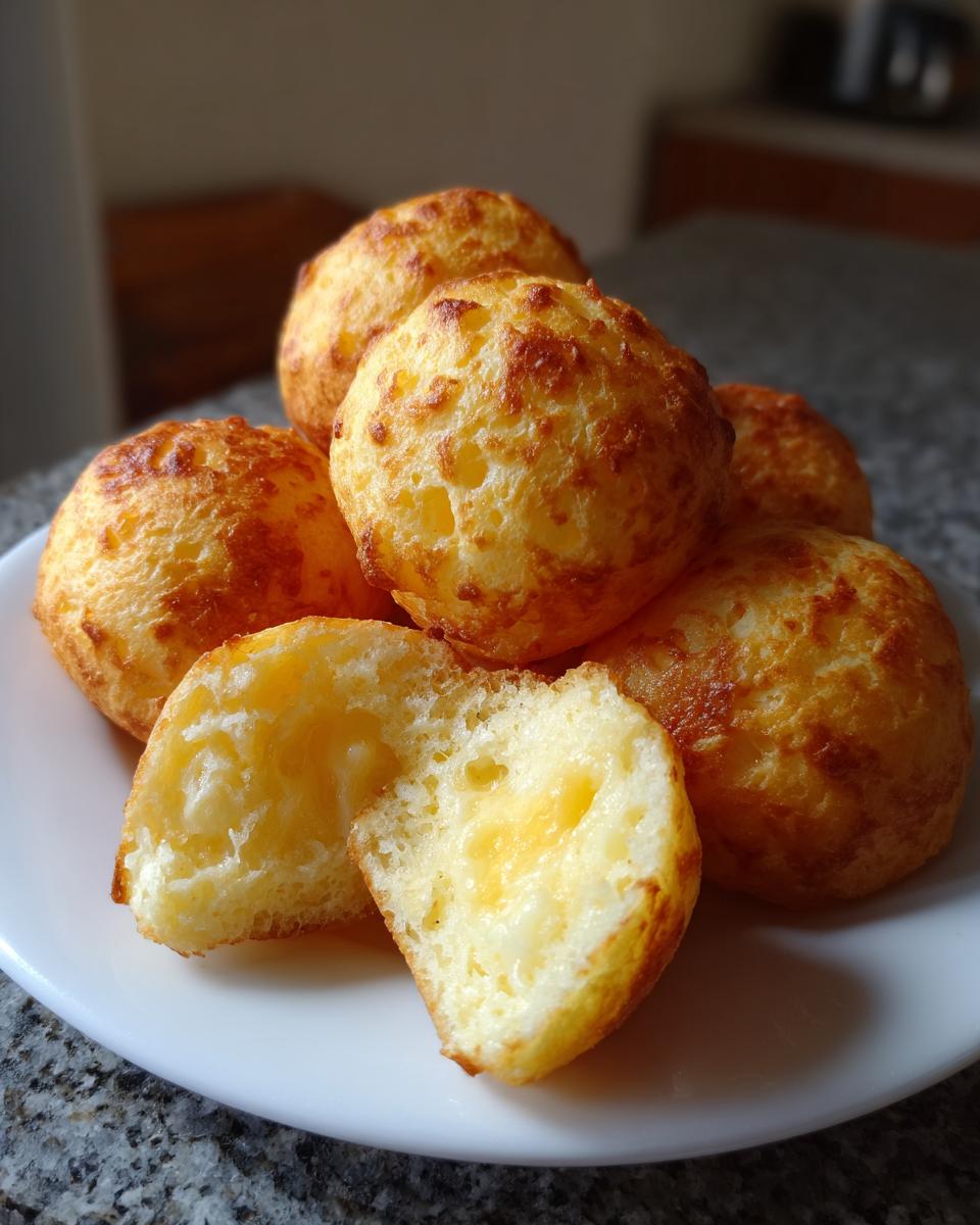 A stack of golden, baked Brazilian cheese bread bites on a white plate, one cut open showing the cheesy interior.