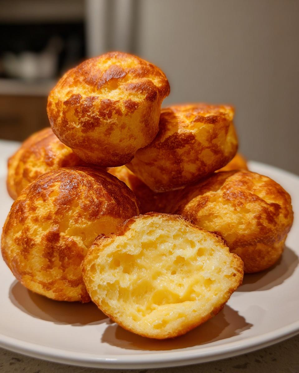 A stack of golden brown Brazilian cheese bread bites, with one cut in half showing the cheesy, airy interior.