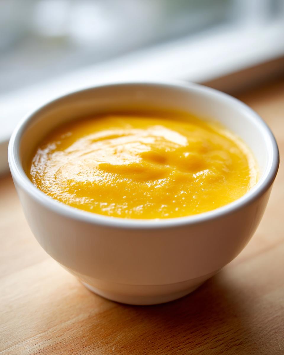 Close-up of smooth, bright orange beer cheese dip served in a small white bowl on a wooden surface.