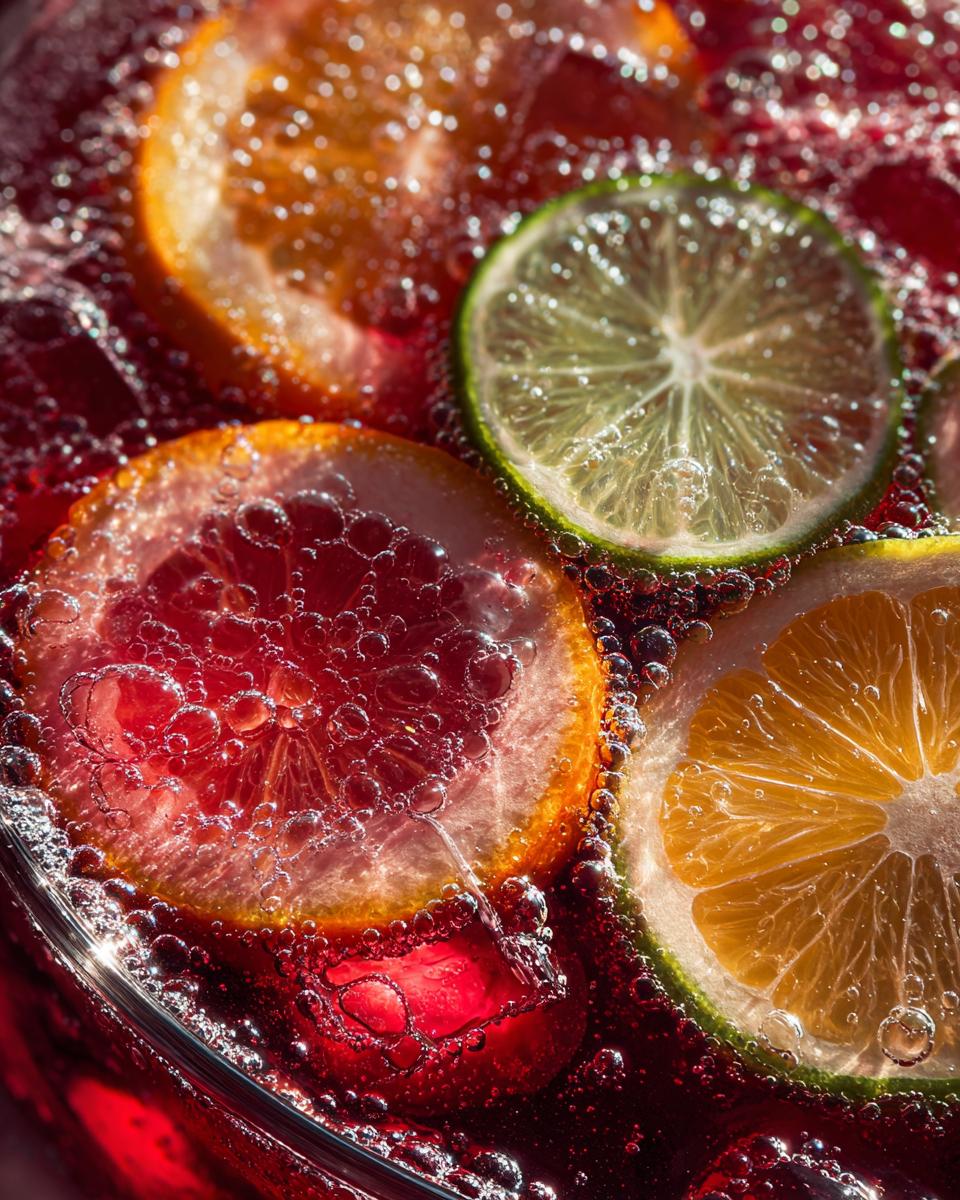 Close-up of a vibrant, red non-alcoholic christmas punch with slices of orange, lime, and lemon covered in bubbles.