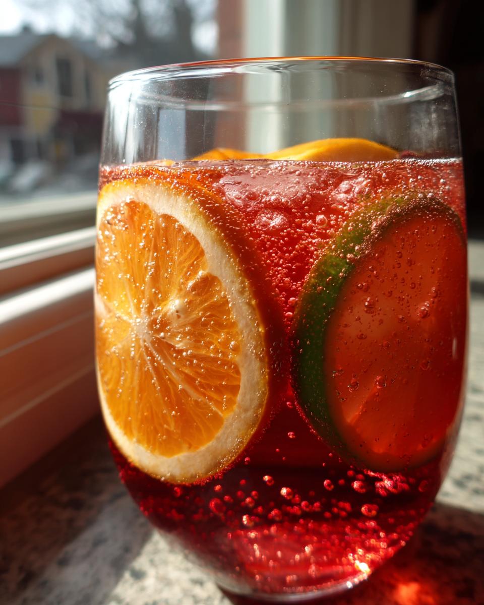 Close-up of a glass filled with bubbly, red non-alcoholic christmas punch garnished with orange and lime slices.