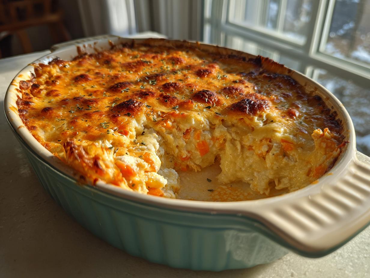 A baked Buffalo chicken dip in a light blue casserole dish with a scoop removed, showing the creamy interior and melted, browned cheese.