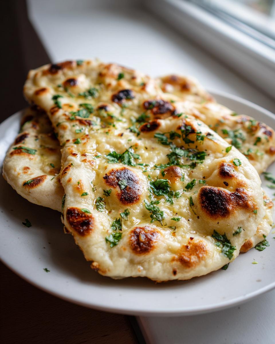 Two pieces of freshly baked naan bread, brushed with butter and topped with chopped green herbs, resting on a white plate.
