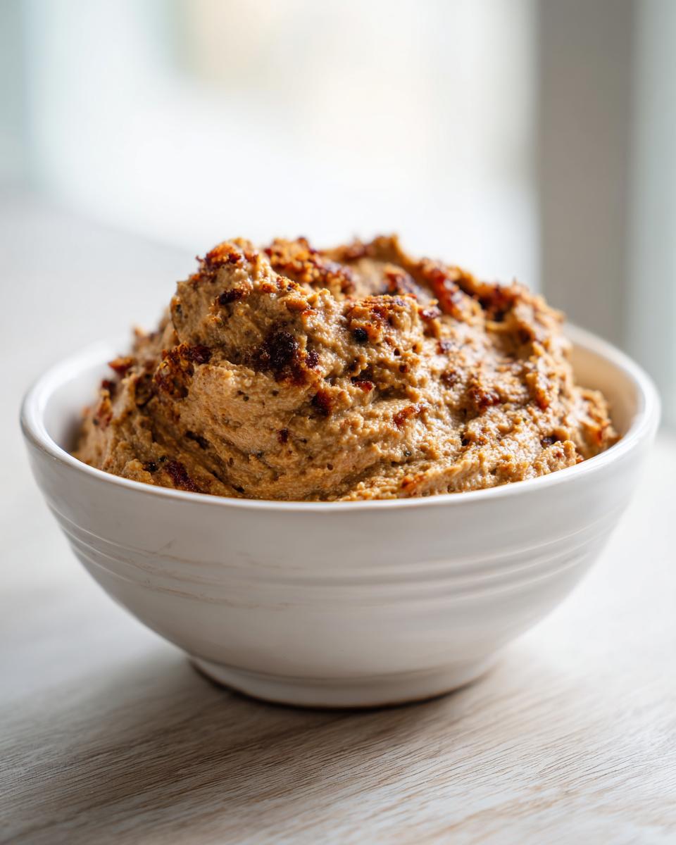 A close-up of rich, caramelized onion dip with dark toppings served in a white bowl.