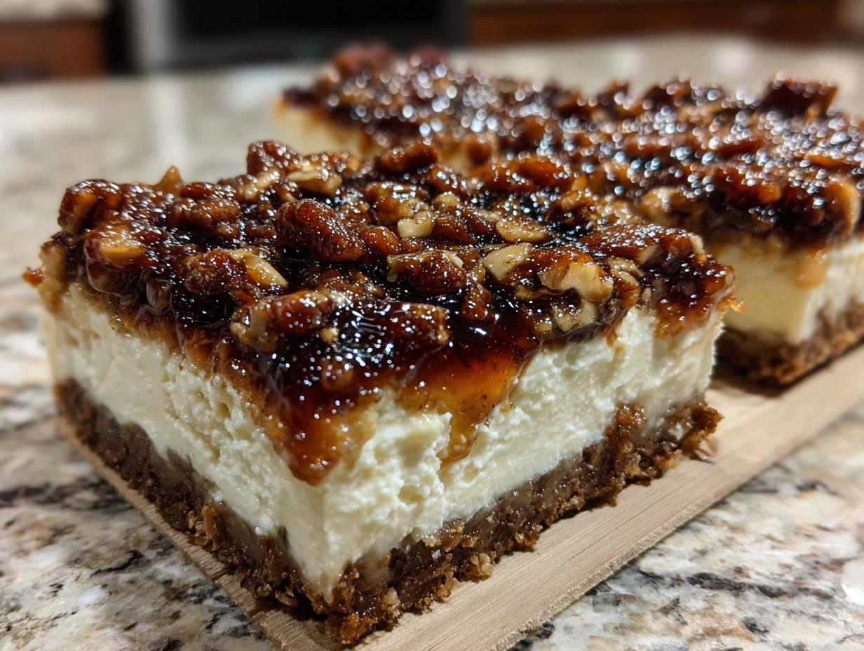 Close-up of rich pecan pie dip bars featuring a thick cheesecake layer and pecan topping.