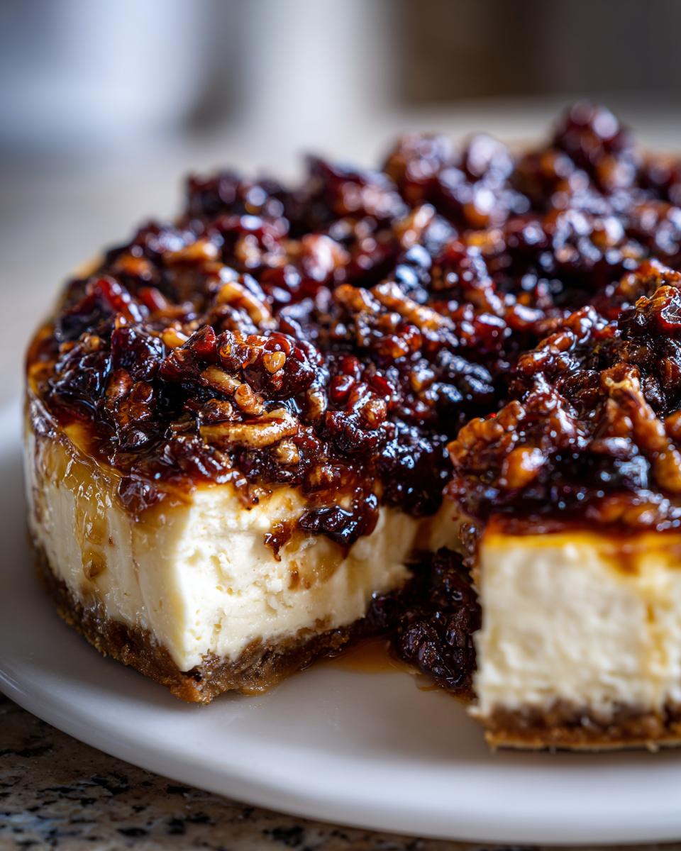 Close-up of a creamy cheesecake with a thick, dark pecan pie dip topping, a slice removed.