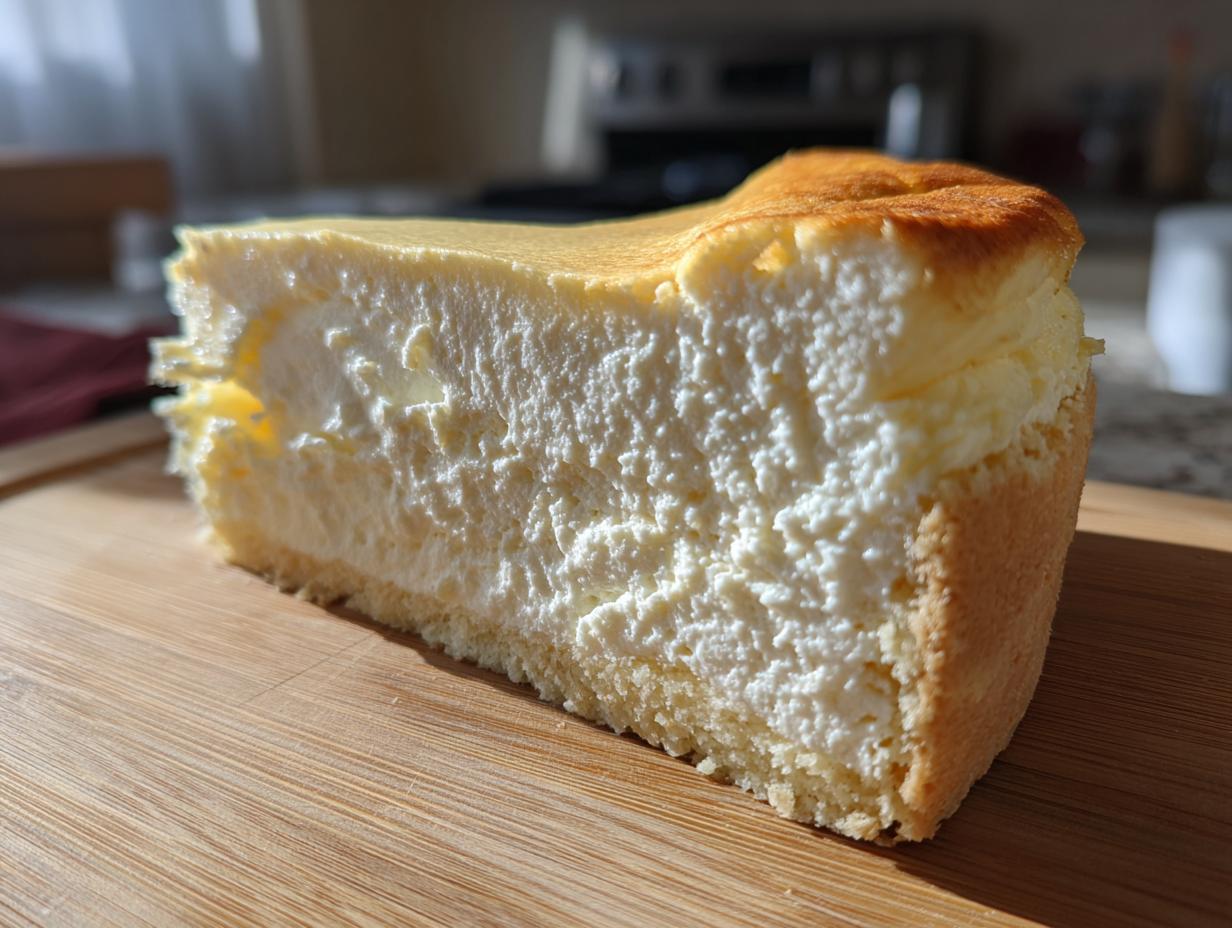 Close-up of a thick slice of creamy cheesecake with a golden-brown top, ready for banana cream cheesecake topping.