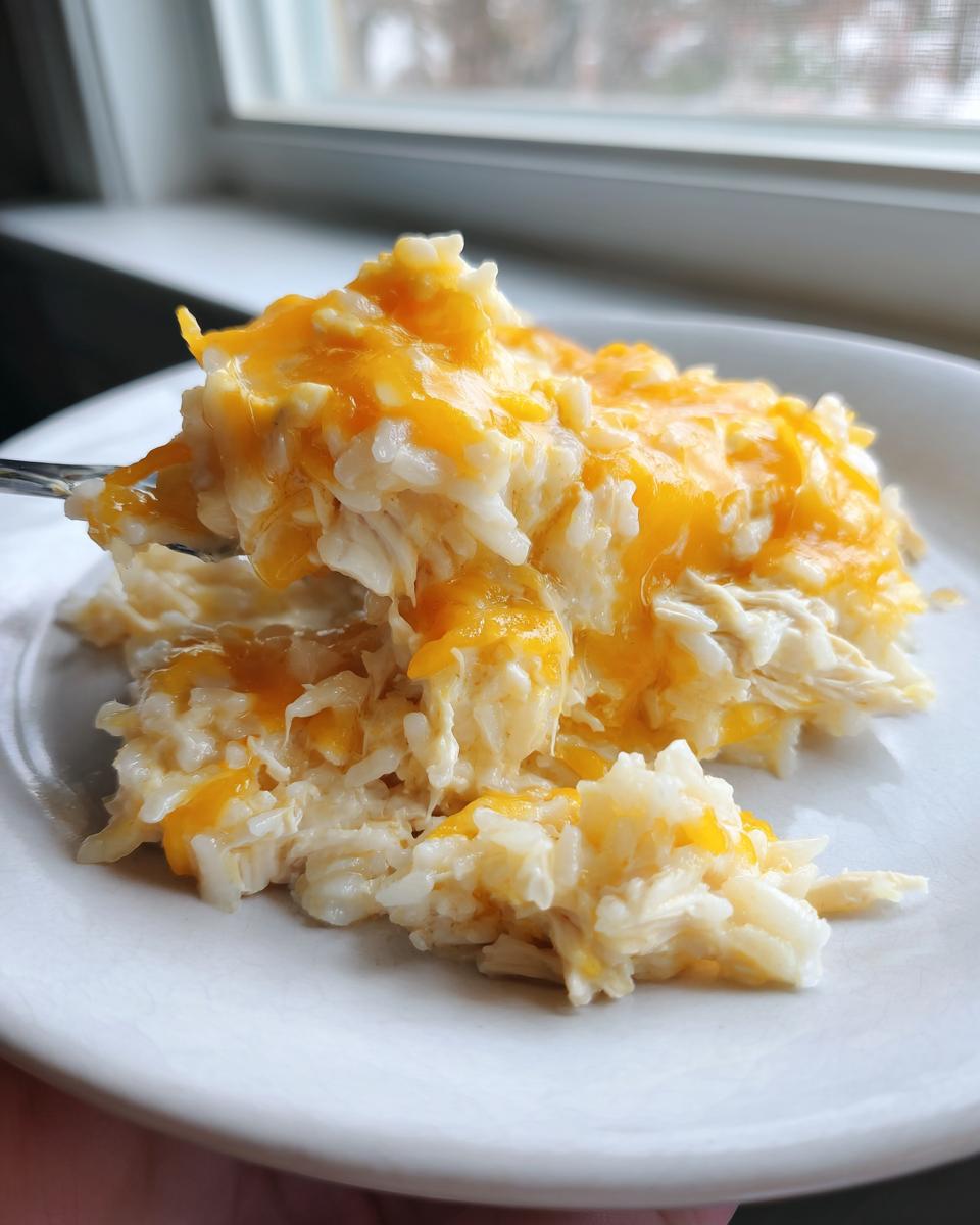 A fork lifts a serving of creamy, white rice mixed with shredded chicken, topped with melted orange cheddar cheese, representing cheesy chicken and rice.