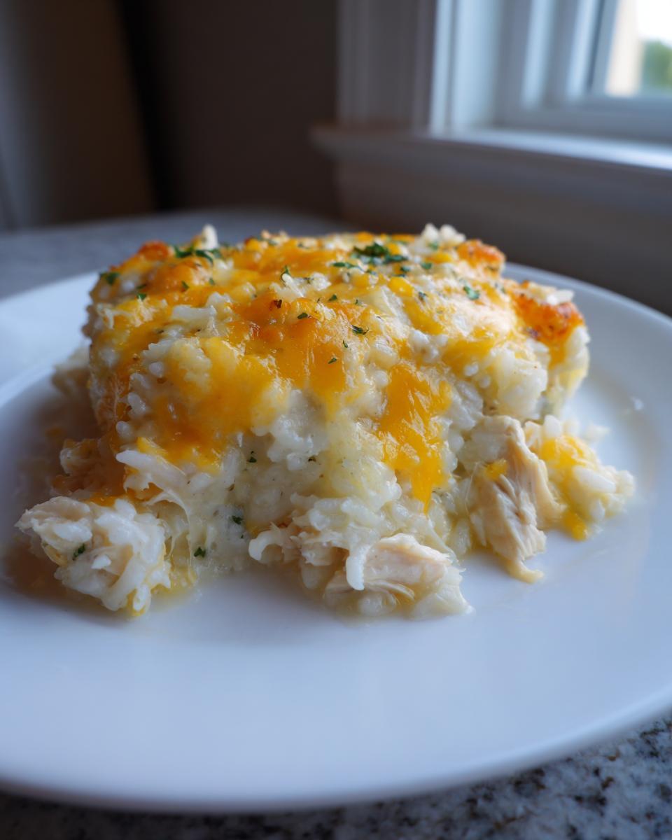 A scoop of creamy, cheesy chicken and rice topped with melted orange cheddar cheese and parsley.