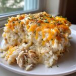 A close-up serving of cheesy chicken and rice casserole topped with melted cheddar cheese and parsley.